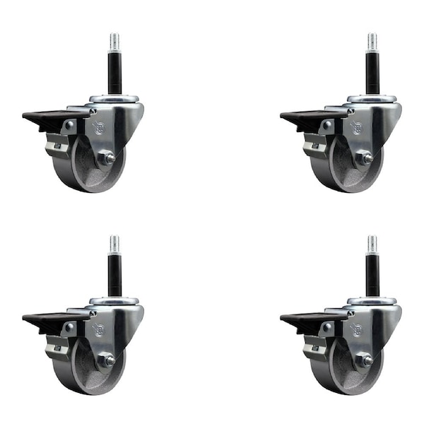 3'' Semi Steel Swivel 3/4'' Expanding Stem Caster Set with Brake, 4PK